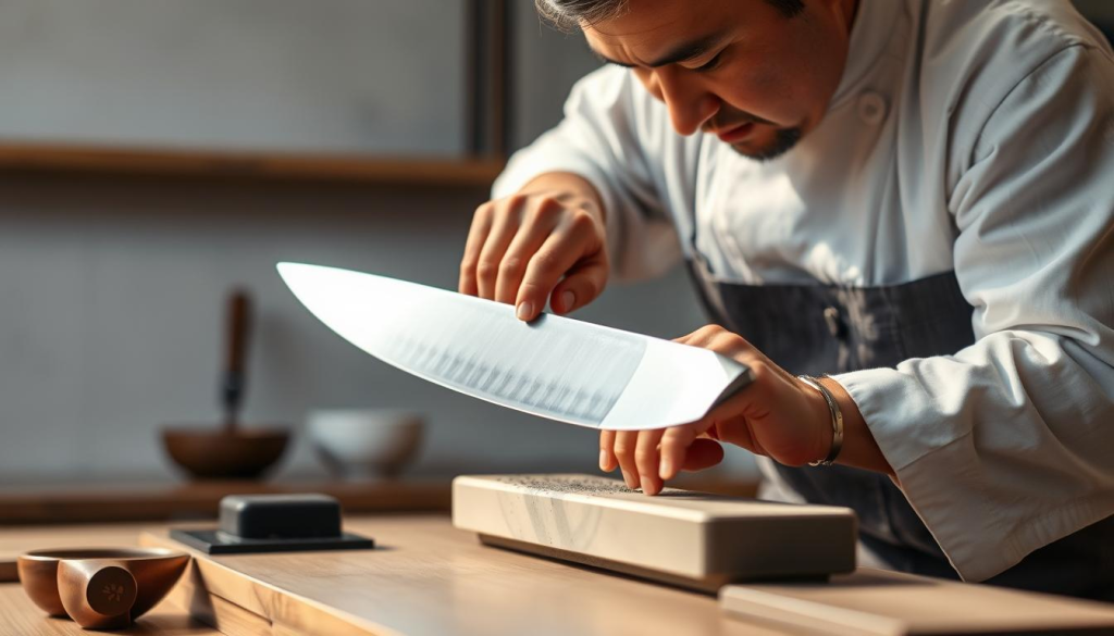A Japanese chef meticulously sharpening a high-quality kitchen knife on a traditional whetstones, with a focused expression and precise movements. The knife is held at a consistent angle, glistening under warm, directional lighting that casts dramatic shadows. In the background, a neutral, minimalist kitchen setting with clean lines and muted colors, emphasizing the importance of this ritual of blade maintenance. The overall scene conveys a sense of reverence and attention to detail, reflecting the deep cultural significance of caring for one's tools in Japanese culinary traditions.