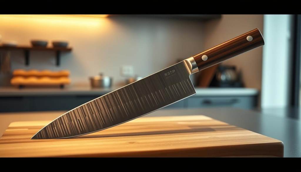 A beautifully crafted Japanese chef knife, its razor-sharp blade gleaming under warm, ambient lighting. The sleek, ergonomic handle nestled comfortably in the palm, the blade's subtle curve hinting at its precision and power. The knife rests on a polished wooden cutting board, its natural grain complementing the knife's elegant silhouette. In the background, a minimalist kitchen setting, with clean lines and muted tones, creating a serene, professional atmosphere. The overall composition evokes the artistry and craftsmanship of traditional Japanese knife-making, perfectly suited to illustrate the "Types of Chef Knives Available for Sale" section.