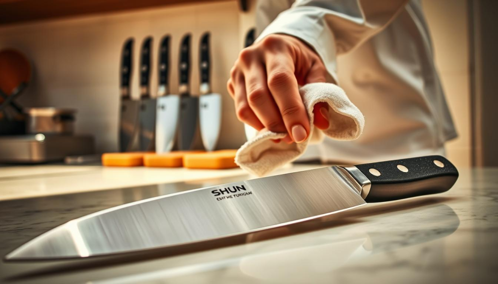A bright, well-lit kitchen counter with a Shun chef's knife in the foreground, its gleaming blade catching the light. In the middle ground, a chef's hand carefully wiping the blade with a soft cloth, meticulously cleaning and caring for the knife. The background features a set of Shun knives neatly arranged, their elegant handles and sharp blades showcasing the exceptional craftsmanship. Warm, natural lighting illuminates the scene, highlighting the high-quality materials and attention to detail that defines the Shun brand. The overall mood conveys a sense of reverence and appreciation for these premium culinary tools.