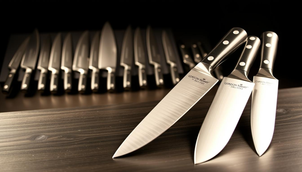 A carefully curated collection of high-quality chef knives rests upon a sleek, dark wooden surface. In the foreground, Gordon Ramsay's signature knives gleam under dramatic lighting, their sharp blades and ergonomic handles reflecting his culinary mastery. The middle ground showcases a range of premium knives, each with its unique purpose, while the background fades into a subtle, moody atmosphere, allowing the focus to remain on Ramsay's personal favorites. The overall scene conveys a sense of precision, sophistication, and the chef's unwavering dedication to his craft.