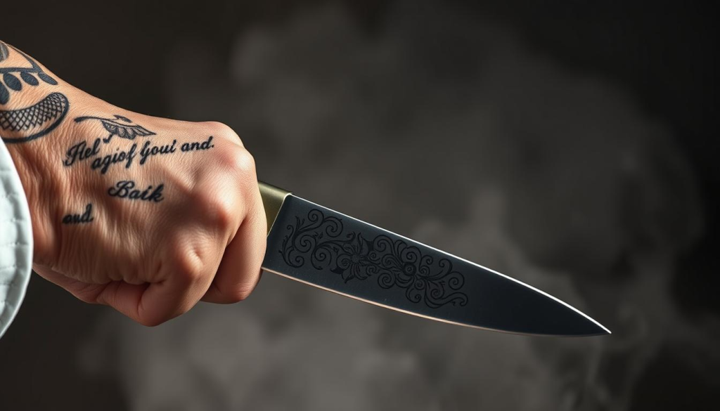 A chef's hand carefully gripping a sharpened kitchen knife, the blade gleaming under soft studio lighting. The knife's intricate design features a tattoo-like pattern, seamlessly integrated into the blade's surface. The hand's skin is adorned with delicate linework, tracing the contours of muscles and tendons. In the background, a hazy, atmospheric setting evokes the intersection of culinary and artistic disciplines, with muted tones and a sense of tranquility. The composition emphasizes the harmony between the chef's skill, the knife's craftsmanship, and the personal expression of tattoo art.