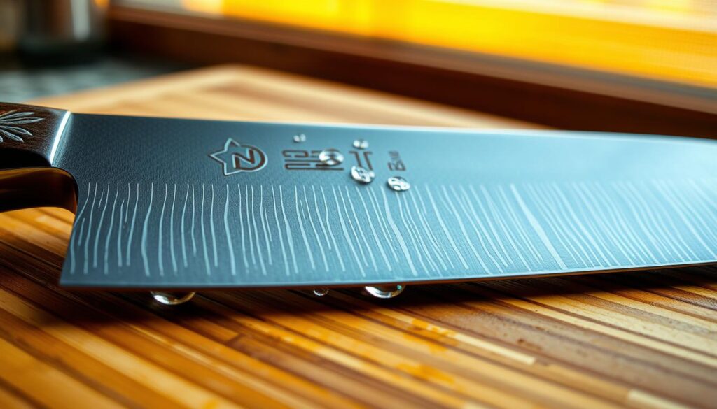 A chef's knife with a beautifully engraved handle resting on a wooden cutting board, the intricate design catching the warm, diffused light from a nearby window. The blade gleams, recently honed to a razor-sharp edge. Droplets of water cling to the steel, evidence of a recent careful cleaning. The scene exudes a sense of care and attention to detail, reflecting the thoughtful maintenance required to preserve the integrity and longevity of this cherished culinary tool.