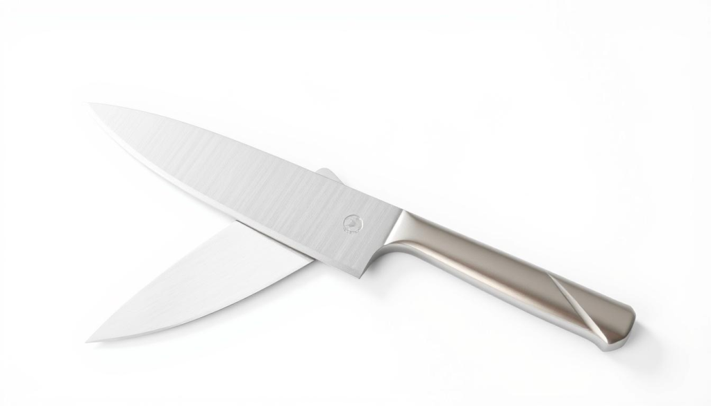 A close-up, high-resolution photograph of a 6-inch stainless steel chef's knife against a clean, minimalist white background. The knife has a classic French-style blade with a sharp, curved edge and a sturdy, ergonomic handle. Bright, natural lighting illuminates the blade, highlighting its smooth, polished finish. The image focuses on the knife's form and functionality, showcasing its versatility for everyday kitchen tasks. The composition emphasizes the knife's compact size and precise, balanced design, creating a sense of sophistication and culinary expertise.