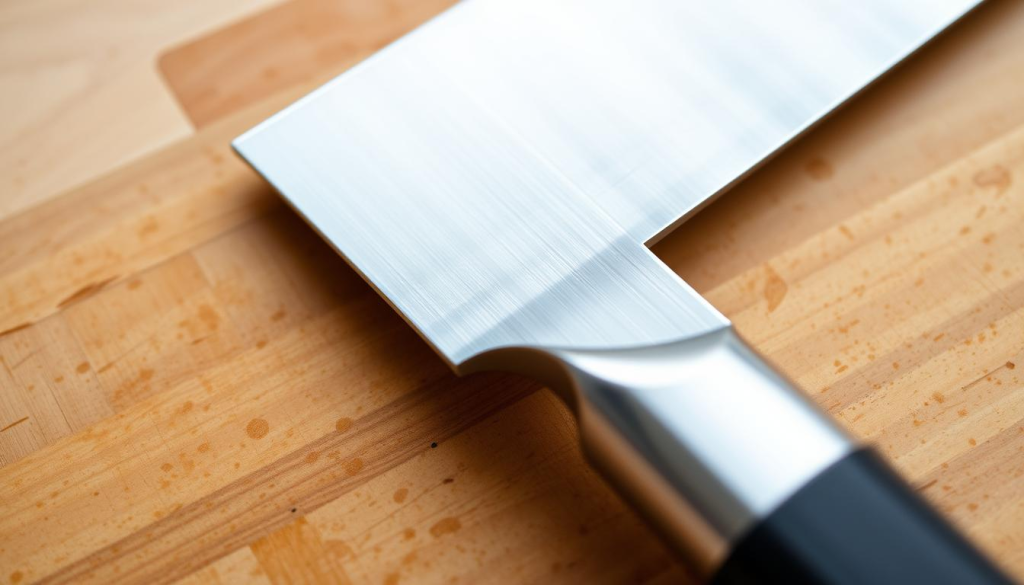 A close-up of a high-quality chef's knife, featuring a gleaming stainless steel blade with a sharp, precisely-honed edge. The knife is resting on a wooden cutting board, with a soft, even light illuminating its form. The blade's profile is defined by clean lines and a subtle curve, indicating its balance and control. The handle is made of a durable, ergonomic material, providing a comfortable and secure grip. The overall impression is one of functional elegance, showcasing the essential features that make a chef's knife an indispensable tool in the kitchen.