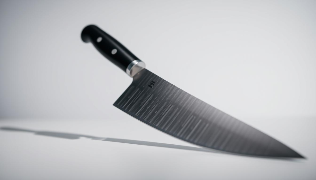 A close-up photo of a high-quality chef's knife showcasing its key features. The knife is placed on a sleek, minimalist surface, bathed in soft, directional lighting that accentuates its contours and textures. The foreground features the sharp, precisely tapered blade, the full-tang construction, and the sturdy, ergonomic handle. The middle ground highlights the smooth bolster and the intricate blade pattern, while the background maintains a simple, uncluttered studio setting, allowing the knife to be the sole focus of the image.