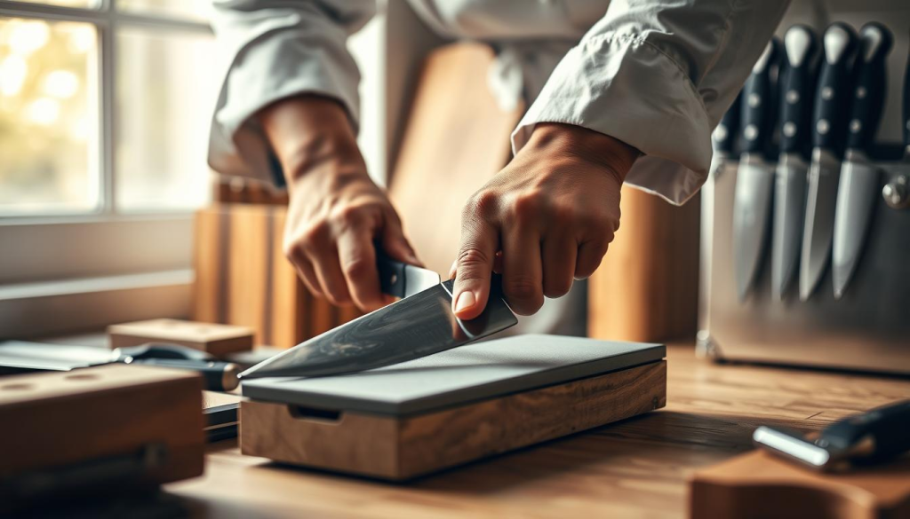 A close-up shot of a chef's hands carefully sharpening a high-quality chef's knife on a whetstones, with a well-maintained wooden knife block and a stainless steel knife case in the background. Soft, warm lighting from a nearby window creates a cozy, professional atmosphere. The focus is on the skilled technique of the chef, emphasizing the importance of proper knife care and maintenance for any home cook. The image conveys a sense of craftsmanship, attention to detail, and the pride one takes in caring for their essential kitchen tools.