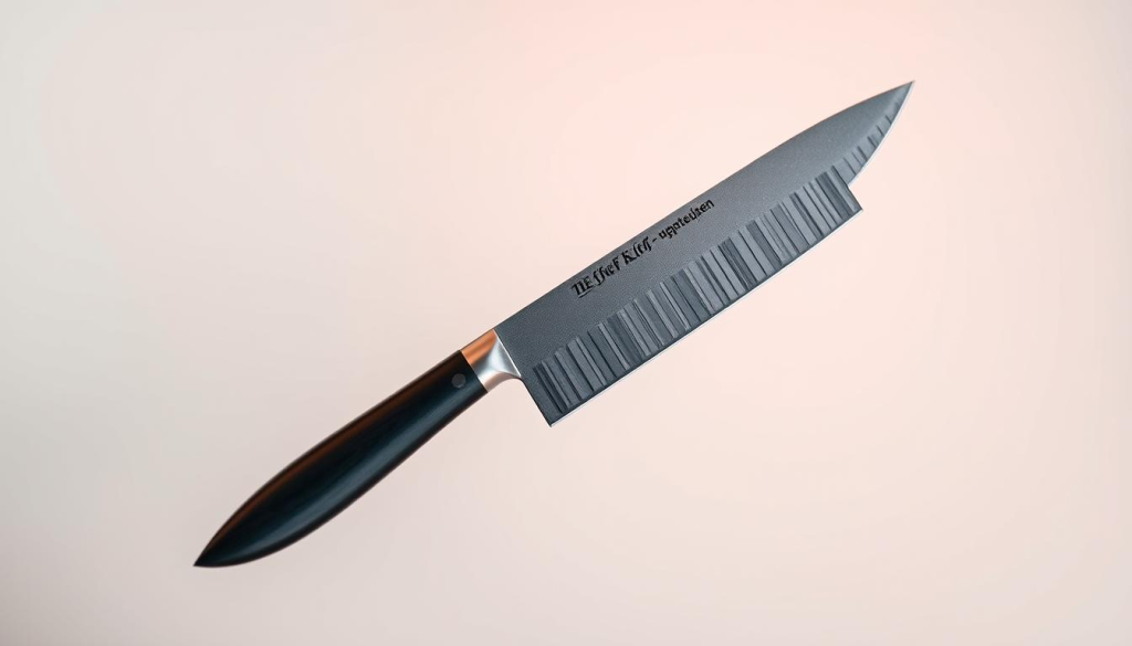A close-up shot of a chef's knife tattoo against a clean, minimalist backdrop. The tattoo is crisp and detailed, showcasing the intricate blade, handle, and subtle textures. Warm, soft lighting illuminates the design, creating a sense of depth and dimension. The knife is positioned at a slight angle, highlighting the elegant curves and sleek silhouette. The overall mood is one of refined elegance, celebrating the artistry and craftsmanship of both the tattoo and the chef's knife it represents.