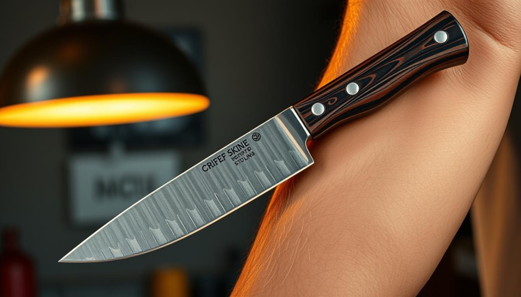 A close-up shot of a chef's knife tattoo on a tanned, weathered forearm. The blade is sharp and gleaming, catching the warm light from an overhead studio lamp. The handle is made of dark, polished wood, with intricate carvings and a sturdy grip. The tattoo is rendered in a bold, illustrative style, with shades of gray and black creating depth and texture. The background is blurred, allowing the tattoo to be the focal point, inspiring a sense of artistry, functionality, and a deep connection to the culinary craft.