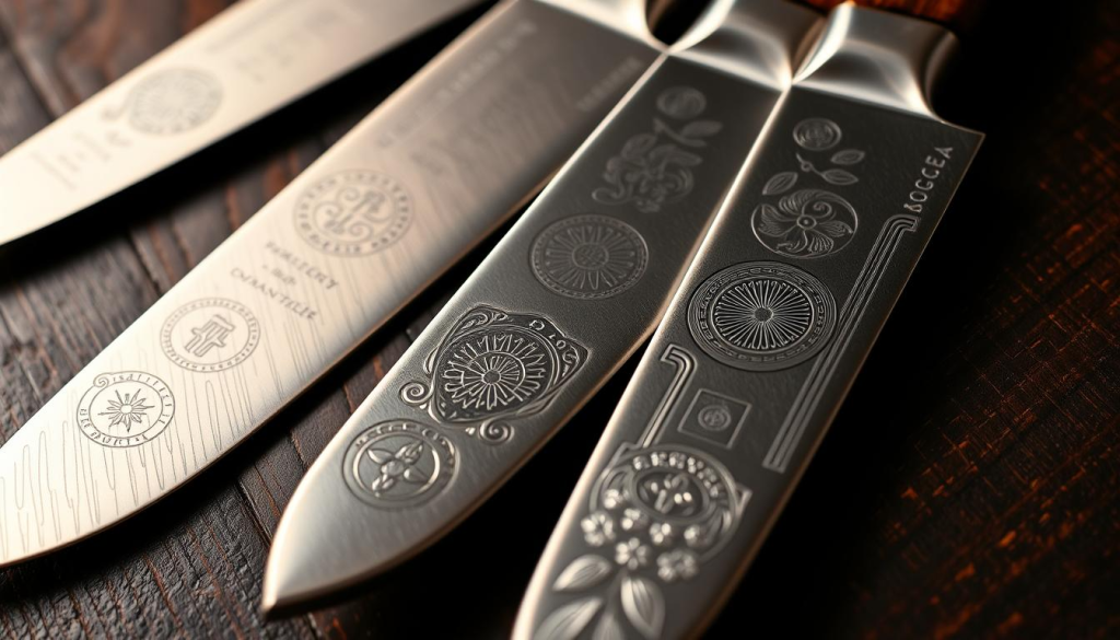 A close-up shot of a set of expertly engraved chef's knives resting on a dark, wooden surface. The blades gleam under warm, directional lighting, revealing intricate patterns and designs etched into the high-quality stainless steel. The handles, made of a rich, natural wood, are polished to a smooth finish, complementing the elegant engraving. The knives are arranged in an artful, visually balanced composition, showcasing their craftsmanship and the care that goes into maintaining these essential culinary tools.
