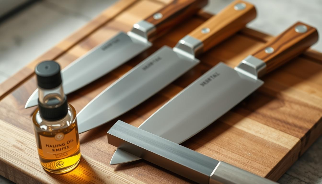 A close-up shot of a set of handmade chef knives resting on a wooden cutting board. The knives are made of high-quality stainless steel, with beautifully crafted wooden handles. In the foreground, a bottle of honing oil and a sharpening steel are neatly arranged, suggesting the care and maintenance required to keep these knives in pristine condition. The lighting is soft and natural, highlighting the warm tones of the wood and the gleaming metal. The background is blurred, creating a sense of focus on the knives and the tools used to maintain them, reflecting the importance of proper care for the longevity of these handcrafted culinary instruments.