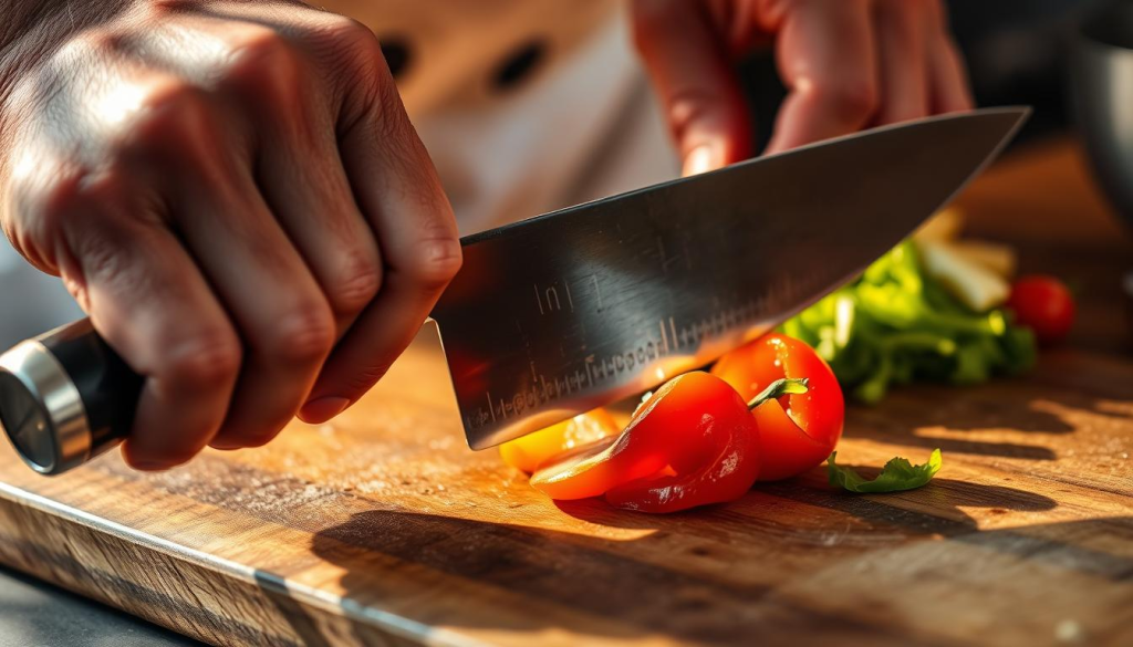 A close-up view of a chef's hand firmly grasping a sharp, high-carbon steel chef's knife. The blade is cutting through the flesh of a fresh vegetable, revealing its crisp texture and vibrant colors. The knife's edge glints in the warm, directional lighting, casting dramatic shadows on the cutting board. The chef's movements are precise and controlled, showcasing their mastery of the blade. The background is blurred, keeping the focus on the skilled technique of the knife handling.