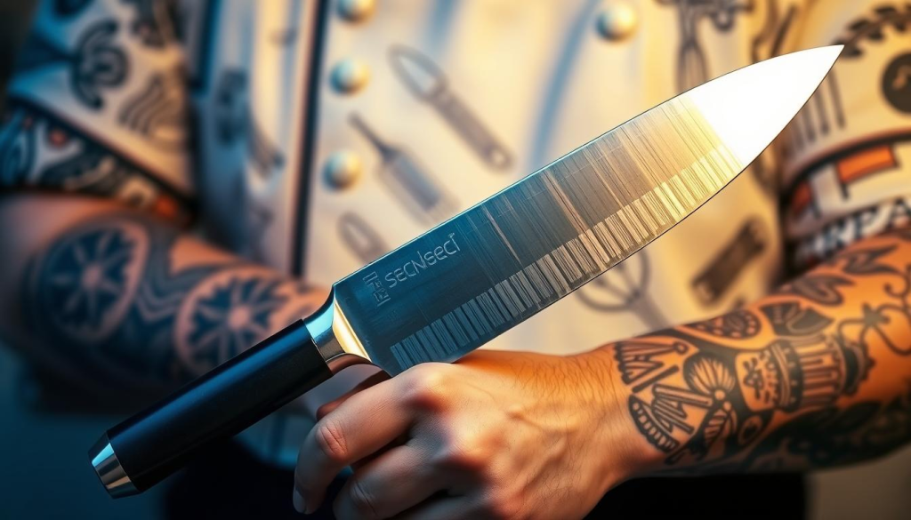 A close-up view of a chef's hand holding a sleek, stainless steel chef's knife against a backdrop of intricate tattoo designs. The knife's blade reflects the light, highlighting its sharp, precision-engineered edges. The tattoos on the hand feature a variety of culinary-inspired motifs, such as herbs, spices, and cooking utensils, seamlessly blending the passion for both cooking and body art. The composition emphasizes the synergy between the chef's tools and their personal style, creating a visually striking and thematically cohesive image that captures the essence of the "Building a Versatile Knife Collection" section.