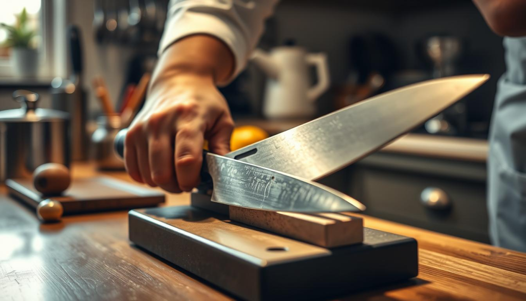 A close-up view of a chef's hands carefully maintaining a high-quality chef's knife. The knife's blade is being sharpened on a sharpening stone, with the hands holding the knife at a precise angle. In the background, a clean, organized kitchen counter with various kitchen tools and appliances is visible, creating a sense of a professional culinary workspace. Soft, warm lighting illuminates the scene, highlighting the intricate details of the knife and the skilled movements of the chef's hands. The overall mood conveys the importance of proper knife maintenance for the home cook, emphasizing the attention to detail and care required to keep a chef's knife in optimal condition.