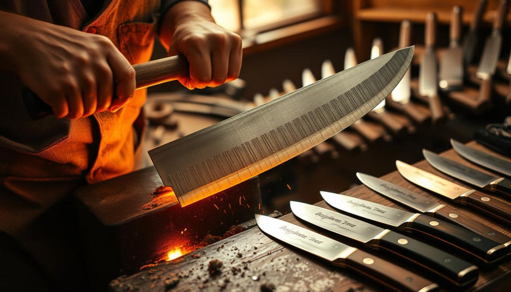 A close-up view of a skilled Japanese blacksmith meticulously forging a traditional chef's knife. Warm light illuminates the glowing metal as the blacksmith wields a heavy hammer, shaping the blade with precise, rhythmic strikes. The workbench is cluttered with tools, fragments of steel, and a charcoal-fueled forge, creating an atmosphere of intense craftsmanship. In the background, a series of finished knives are arranged, showcasing the hallmarks of Japanese blade-making: razor-sharp edges, elegant curves, and a distinctive hamon pattern. The scene conveys the dedication, patience, and mastery required to create these iconic culinary tools.