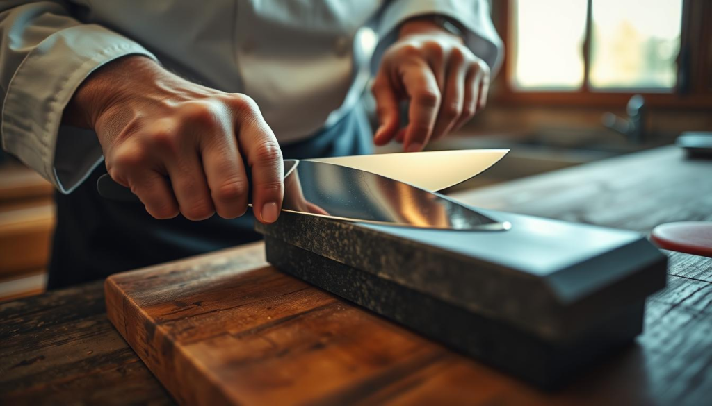 A close-up view of an experienced chef's hands delicately sharpening a handcrafted chef's knife on a traditional whetstoneagainst a backdrop of a rustic kitchen countertop. The knife's blade reflects the warm, natural light filtering in through a nearby window, casting a soft, ambient glow. The chef's movements are precise and focused, demonstrating their mastery of the craft. The scene conveys a sense of care, dedication, and the pride associated with maintaining a personalized, high-quality kitchen tool.