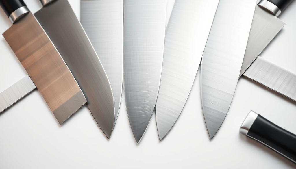A close-up view of the intricate blade geometry of a set of professional chef's knives, laid out against a clean, white backdrop. The blades are meticulously crafted, with a polished, high-carbon steel finish that reflects the studio lighting. The edges are honed to a razor-sharp precision, tapering gently from the spine to the tip. The blade profiles showcase the distinct curves and angles that enable optimal performance for a variety of culinary tasks, from delicate slicing to robust chopping. The knives are arranged in an organized, symmetrical manner, highlighting their form and function as essential tools of the trade for the discerning home cook.