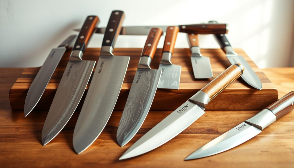 A collection of high-quality Shun kitchen knives, beautifully arranged on a wooden surface. In the foreground, the gleaming blades of various Shun knife models, each with a distinct shape and purpose, are showcased against a backdrop of warm, natural lighting. In the middle ground, the handles of the knives, crafted from premium materials like pakkawood and layered steel, add a touch of elegance and craftsmanship. The background features a minimalist, neutral-toned environment, allowing the knives to take center stage and highlighting their exceptional quality and attention to detail. The overall scene conveys a sense of culinary precision, professionalism, and the dedication to exceptional kitchenware that Shun is known for.