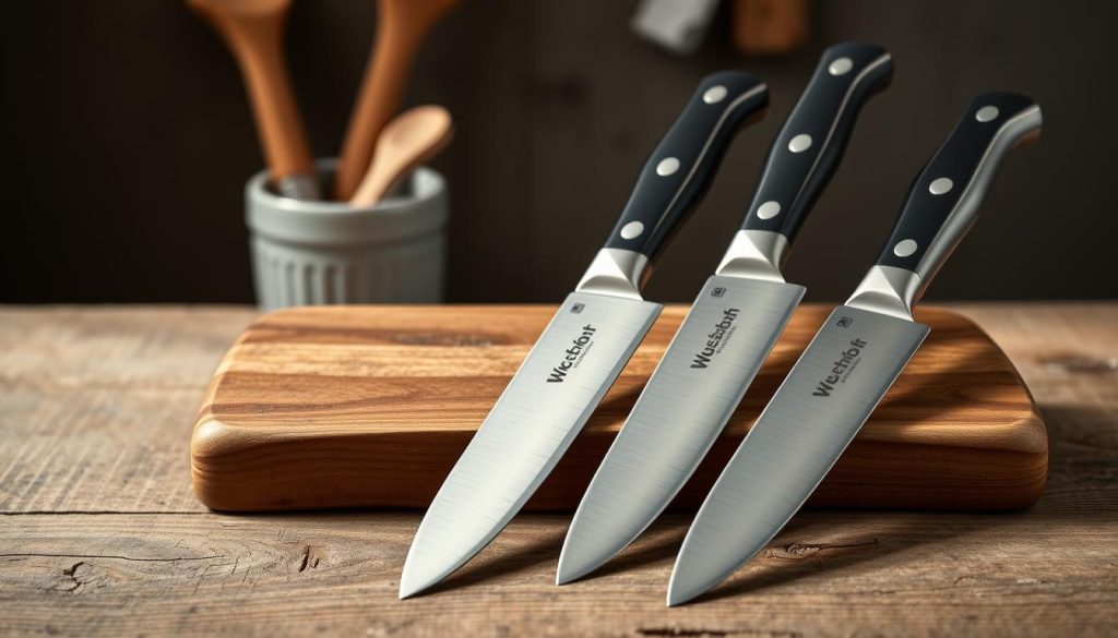 A finely crafted Wusthof chef knife set rests on a rustic wooden surface, illuminated by soft, natural lighting. The blades gleam with precision and quality, arranged in a visually appealing display that showcases their craftsmanship. In the background, a muted, earthy color palette sets a calming, professional atmosphere, hinting at the knife set's versatility in a well-equipped kitchen. The composition captures the essence of Wusthof's reputation for exceptional culinary tools, inviting the viewer to imagine the effortless cooking experience they provide.