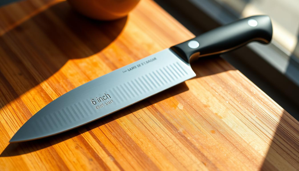 A gleaming 6-inch chef's knife resting on a wooden cutting board, showcasing its razor-sharp blade and sleek, ergonomic handle. The knife is bathed in warm, natural light, casting subtle shadows that highlight its precision-crafted curves. The background is slightly blurred, keeping the focus on the knife's elegant form and its superior craftsmanship. The overall scene conveys the knife's versatility, durability, and the confidence it would instill in the hands of a skilled chef.