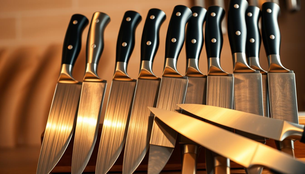 A gleaming array of premium chef knives, their blades forged from high-carbon stainless steel, reflecting the warm glow of a softly lit kitchen. The knives are arranged with precision, their razor-sharp edges and ergonomic handles suggesting the expertise of the skilled chefs who wield them. In the background, a subtle backdrop of natural wood grain and a soft, muted palette creates a sense of refined elegance. Carefully crafted lighting casts dramatic shadows, highlighting the sleek lines and exceptional craftsmanship of these culinary tools, ready to tackle any task with precision and finesse.