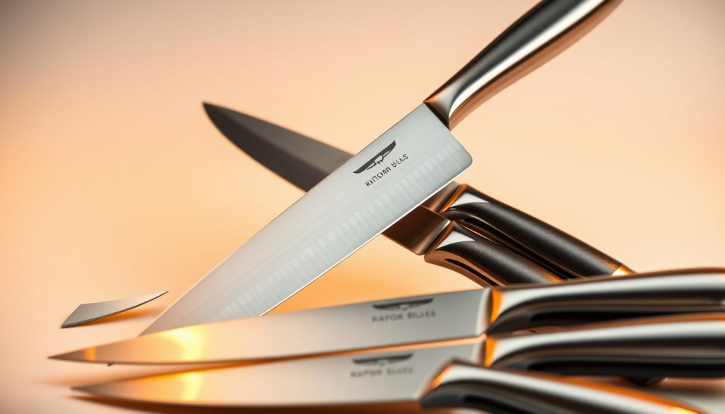 A gleaming set of premium steel kitchen knives, meticulously crafted with razor-sharp blades and ergonomic handles. The knives are arranged in a striking still life composition, capturing the interplay of light and shadow on the polished metal surfaces. The blades reflect the warm glow of a softly diffused lighting setup, casting subtle highlights and shadows that accentuate their sleek, modern design. The knives are positioned against a minimalist backdrop, allowing their refined aesthetics to take center stage and showcase the attention to detail and quality that defines these exceptional culinary tools.