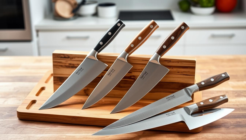A high-performance chef's knife collection arranged on a wooden cutting board in a well-lit, minimalist kitchen setting. The knives are displayed with their sharp blades gleaming, showcasing their sleek, high-quality design. The blades are crafted from durable, rust-resistant stainless steel, with ergonomic handles in natural materials like wood or soft-grip polymer for comfortable, precise handling. The knives are positioned to highlight their distinct features - from the honed cutting edges to the balanced weight and impeccable balance. The scene conveys the precision, functionality, and premium quality of these essential cooking tools for the discerning home chef.