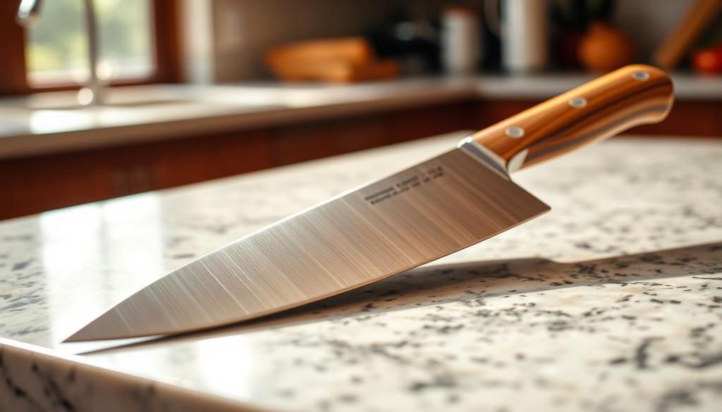 A high-quality 8-inch chef's knife resting on a pristine granite countertop, its razor-sharp stainless steel blade gleaming under the warm, natural light streaming through a nearby window. The knife's ergonomic handle, crafted from durable, high-quality wood, offers a comfortable and secure grip, perfect for precise and efficient chopping, slicing, and dicing. The scene is surrounded by a softly blurred background, emphasizing the knife's central focus and its role as a versatile kitchen essential.