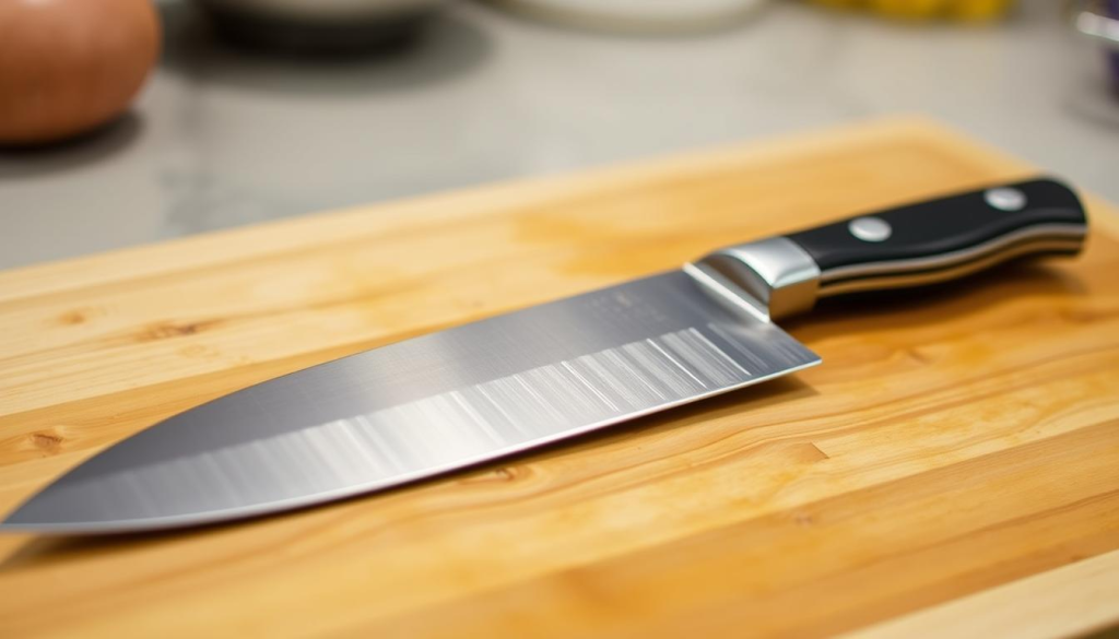 A high-quality 8-inch chef's knife resting on a wooden cutting board, illuminated by soft, even lighting. The blade is sharp and gleaming, reflecting the kitchen's warm tones. The knife's handle is ergonomic, with a comfortable grip that facilitates precise, controlled cuts. The scene conveys the versatility and utility of this essential culinary tool, ready to assist in a wide range of cooking techniques.
