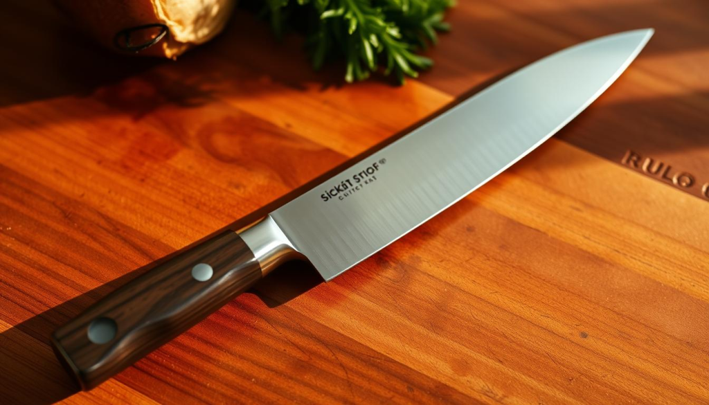 A high-quality 8-inch chef's knife resting on a wooden cutting board, illuminated by warm, natural lighting. The knife's blade is made of shiny, high-carbon stainless steel, with a smooth, ergonomic handle crafted from durable, dark wood. The blade has a sharp, precise edge, perfect for effortless slicing, dicing, and chopping of a wide variety of ingredients. The composition showcases the knife's sleek design and premium construction, highlighting its suitability as an essential tool for the discerning home chef.