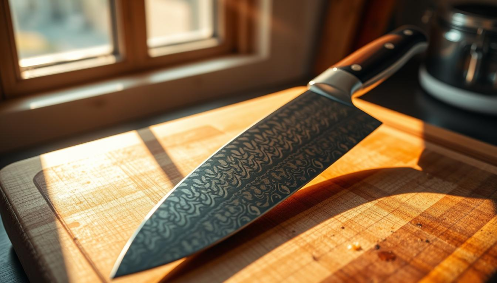 A high-quality, Damascus steel chef's knife resting on a wooden cutting board, illuminated by warm, golden light from a window. The knife is sharp and gleaming, with intricate patterning on the blade. The composition emphasizes the knife's craftsmanship and how it can elevate the cooking experience. The background is softly blurred, keeping the focus on the knife as the star of the image. Subtle reflections on the blade add depth and texture. The overall mood is one of elegance, precision, and the joy of culinary artistry.