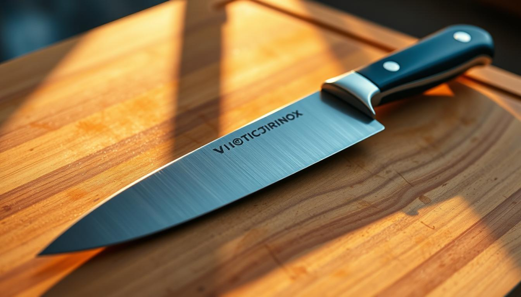 A high-quality Victorinox chef knife resting on a wooden cutting board, illuminated by warm, soft lighting casting gentle shadows. The knife's stainless steel blade gleams, its full-tang construction and ergonomic handle showcasing excellent craftsmanship. The blade's sharp edge and precise tip are visible, hinting at the knife's impressive cutting performance. The scene evokes a sense of culinary mastery, with the knife poised and ready to tackle a variety of kitchen tasks with ease and efficiency.