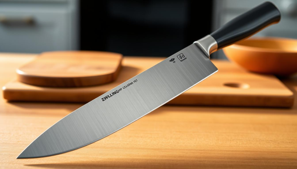 A high-quality Zwilling chef knife in the foreground, its sleek stainless steel blade gleaming under soft, warm lighting. The knife is positioned diagonally, with a slight perspective to showcase its elegant silhouette and sharp precision. In the middle ground, a smooth, wooden cutting board provides a natural, textured backdrop, complementing the knife's design. The background is a subtly blurred, minimalist kitchen setting, hinting at the knife's intended purpose and the care taken in its craftsmanship. The overall mood is one of sophistication, quality, and the appreciation for well-designed culinary tools.