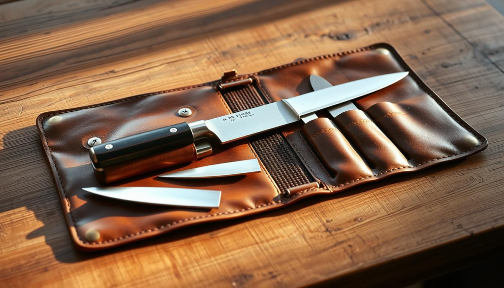 A high-quality chef knife roll laid out on a wooden table, the leather case unzipped to reveal the neatly organized compartments and individual slots for several sharp knives. The roll has a distressed vintage appearance, with a worn, burnished texture that suggests durability and quality craftsmanship. The knives themselves are visible, their blades gleaming under warm, directional lighting that casts dramatic shadows across the scene. The overall composition is balanced and visually appealing, showcasing the key features of a practical, well-designed chef knife case.