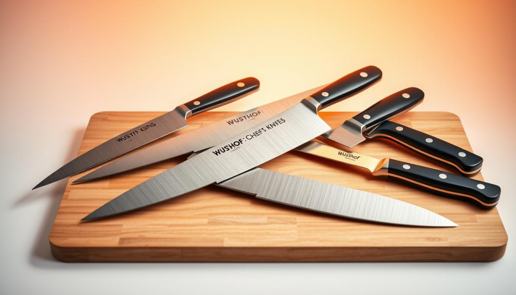 A high-quality close-up photograph of a curated selection of top-rated Wusthof chef's knives, artfully arranged on a sleek, minimalist wooden surface, bathed in warm, soft lighting that accentuates the knives' precision-crafted blades and ergonomic handles. The knives are presented against a clean, neutral background that allows their premium design and exceptional craftsmanship to take center stage. The overall composition conveys a sense of refined professionalism, attention to detail, and the superior quality that has made Wusthof a trusted name among discerning chefs and home cooks alike.