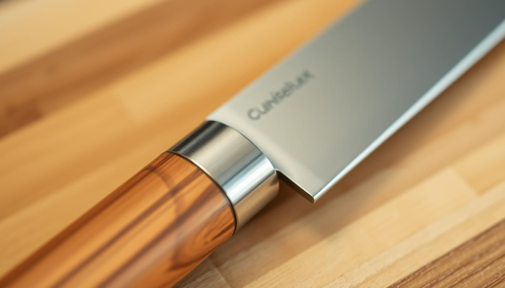 A high-quality, close-up photograph of a premium chef knife handle, captured with a professional macro lens in warm, soft lighting. The handle is made of a sturdy, textured wood grain, with a sleek, ergonomic shape that fits comfortably in the hand. The craftsmanship is showcased through subtle details, such as the precise contours and the seamless integration of the metal bolster. The image highlights the elegant design features that contribute to the knife's balance, control, and overall functionality for professional chefs.