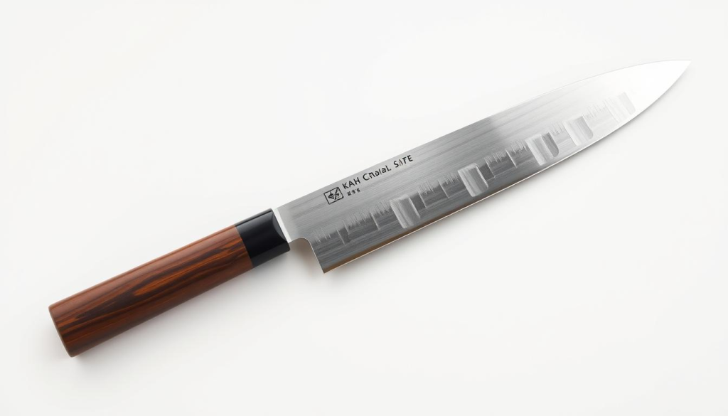 A high-quality, detailed image of a traditional Japanese Gyuto chef's knife, set against a clean, minimalist backdrop. The knife's blade is made of gleaming stainless steel, with a gentle curve and a razor-sharp edge. The handle is crafted from smooth, dark-grained wood, providing a comfortable and secure grip. Soft, directional lighting illuminates the knife's form, casting subtle shadows that accentuate its elegant lines and sleek silhouette. The overall composition is balanced and visually striking, showcasing the Gyuto's versatility and timeless design as the quintessential all-purpose Japanese culinary tool.