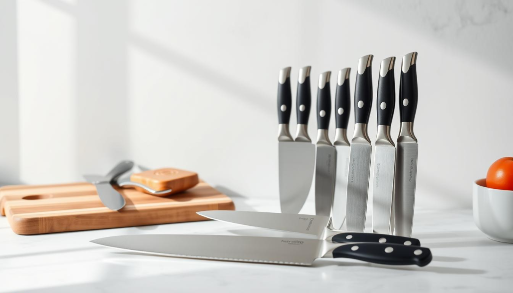 A high-quality, highly detailed still life image of a professional zwilling knife set, beautifully arranged on a clean, minimalist tabletop in natural lighting. The knives are displayed in an elegant, organized manner, showcasing their sleek, modern design and high-quality German craftsmanship. The blades glisten under the soft, diffused light, accentuating their sharp, precision edges. The set is accompanied by a few complementary kitchen accessories, such as a wooden cutting board, to create a harmonious, chef-inspired composition. The image exudes a sense of sophistication, quality, and attention to detail, perfectly capturing the essence of the Zwilling knife collection.
