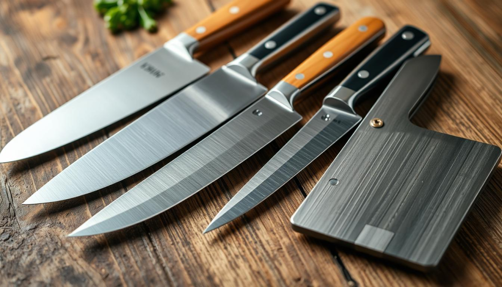 A high-quality photograph of an assortment of chef knives, including a chef's knife, a paring knife, a bread knife, and a cleaver, neatly arranged on a rustic wooden surface. The knives should be well-lit, showcasing their different blade shapes, sizes, and materials such as stainless steel and high-carbon steel. The image should convey a sense of precision, professionalism, and the importance of having the right tools for the culinary trade. Capture the knives from a slightly elevated angle, with a shallow depth of field to focus the viewer's attention on the intricate details of each knife.