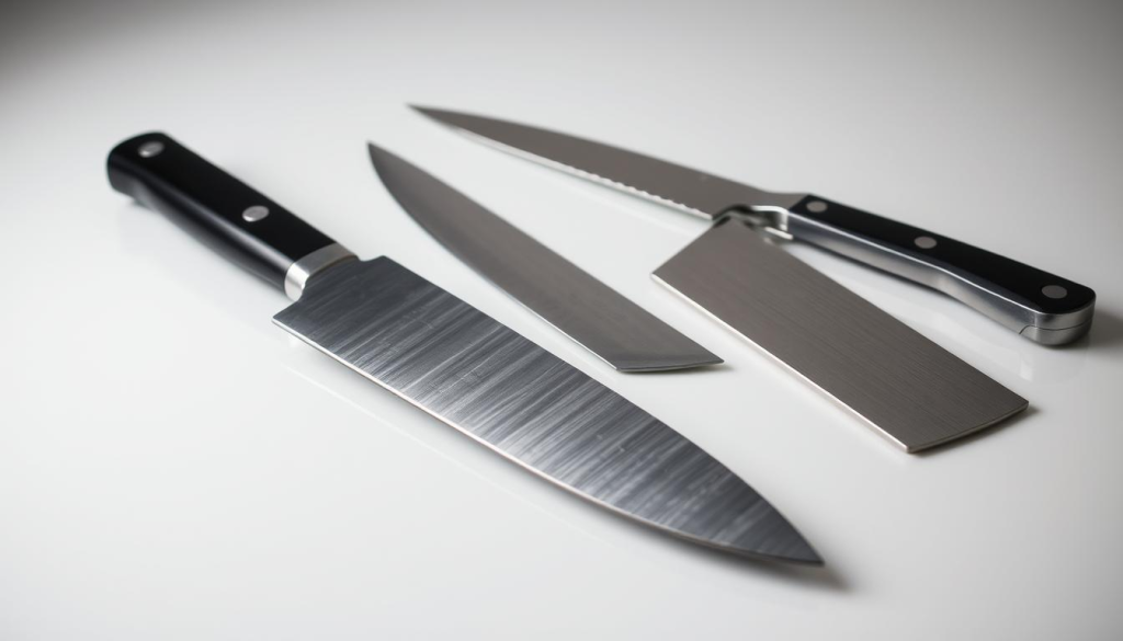 A high-quality, professional-grade chef's knife, its razor-sharp blade gleaming under a crisp studio lighting setup, lies alongside a collection of other kitchen knives of various sizes and styles - a paring knife, a serrated bread knife, and a cleaver. The knives are arranged on a clean, reflective surface, allowing for a detailed comparison of their unique shapes, weights, and functionalities. The overall scene evokes a sense of culinary precision and the importance of having the right tool for each kitchen task.