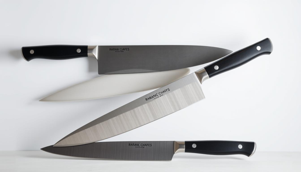 A high-quality set of chef knives displayed against a clean, minimalist background. The blades are made of razor-sharp stainless steel, with a sleek, modern design. The handles are crafted from durable, ergonomic materials, offering a comfortable and secure grip. Soft, directional lighting casts subtle shadows, accentuating the knives' precision and craftsmanship. The overall composition conveys a sense of professionalism, functionality, and culinary excellence, suitable for a discerning home cook.