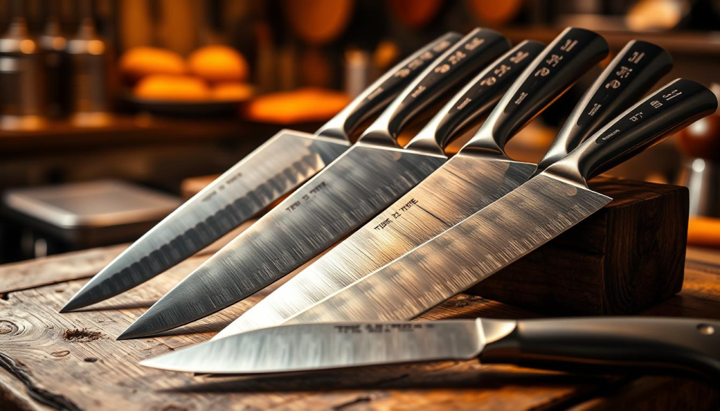 A high-quality set of global chef knives, artfully arranged on a rustic wooden surface. The blades gleam under warm, directional lighting, casting dramatic shadows and highlights. The knives are carefully positioned to showcase their unique silhouettes and intricate forged patterns. In the background, a blurred, out-of-focus kitchen scene suggests the professional environment these knives are designed for. The overall mood is one of precision, craftsmanship, and the pride of a skilled chef's tools.