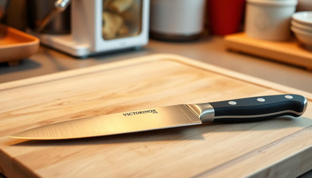 A high-quality, stainless steel Victorinox Fibrox Pro chef's knife, 8 inches in length, with a full tang and a sturdy, ergonomic Fibrox non-slip handle. The blade has a sharp, straight edge and a subtle curve, reflecting the warm lighting of a cozy, well-equipped kitchen. The knife rests on a neutral-colored, wooden cutting board, showcasing its functional design and superior craftsmanship. The image captures the essence of a reliable, budget-friendly culinary tool that can handle a wide range of kitchen tasks with ease and precision.