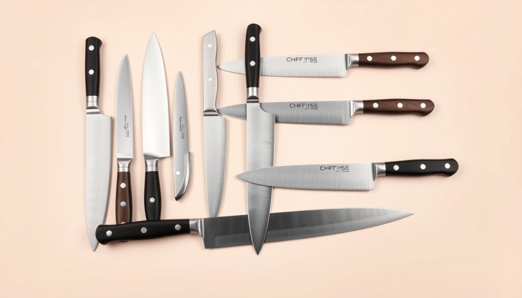 A high-quality still life image of an assortment of popular chef knife brands displayed on a neutral-colored background. The knives are evenly lit from above, casting soft shadows that help accentuate their contours and materials. The arrangement is visually balanced, with the knives positioned at various angles to create an aesthetically pleasing composition. The focus is sharp, and the depth of field is narrow, ensuring the knives are the clear focal point. The overall mood is one of sophistication and professionalism, suitable for illustrating a section on "Popular Chef Knife Brands" in an article about the meaning behind a chef's knife.