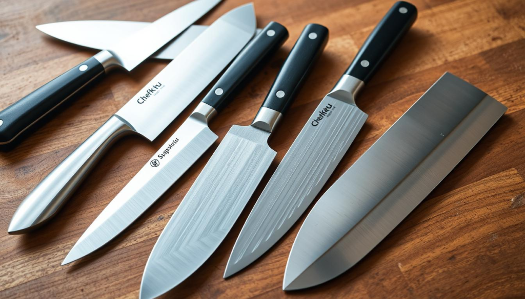 A high-quality still life image of an assortment of specialty chef's knives arranged on a wooden surface. The knives feature sleek, modern designs with sharp, precision-ground blades in varying lengths and styles, including a santoku, a chef's knife, a paring knife, and a cleaver. The knives are illuminated by soft, natural lighting, casting subtle shadows and highlighting the unique textures and materials of each blade and handle. The overall composition is clean, minimalist, and focused, allowing the craftsmanship and purpose of the knives to take center stage.