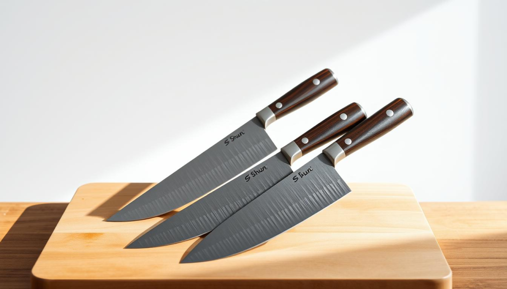A high-resolution, detailed still life photograph of a set of premium quality Shun chef's knives, meticulously arranged on a smooth, wooden cutting board against a plain, minimalist background. The knives are showcased in a clean, well-lit studio setting, with natural light illuminating their razor-sharp blades and sleek, ebony handles. The composition emphasizes the craftsmanship and precision of these exceptional culinary tools, conveying a sense of professionalism, functionality, and the pride of ownership. The image should inspire confidence in the viewer, highlighting the Shun brand's reputation for excellence in the kitchen.