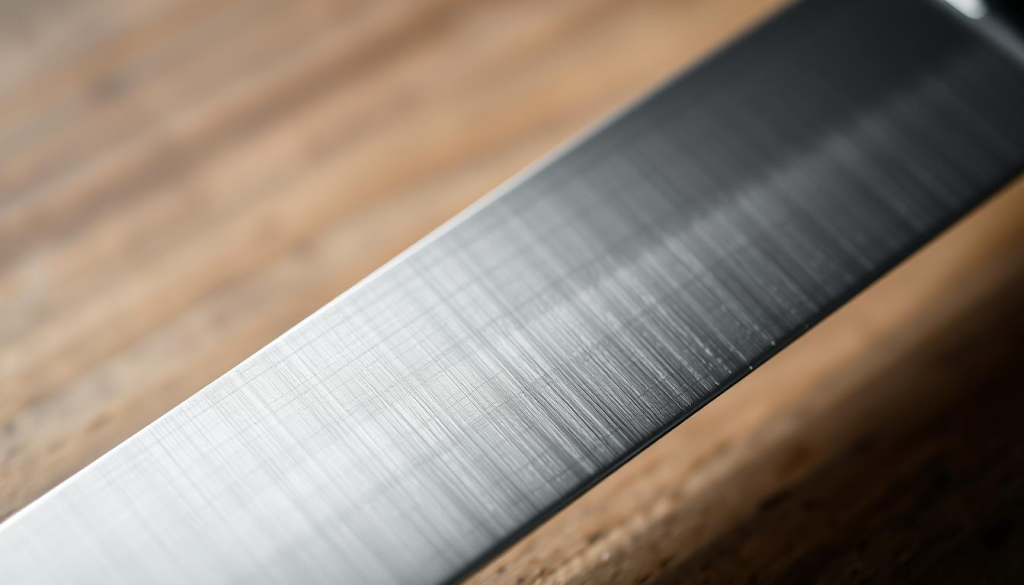 A highly detailed, macro close-up photograph of an 8-inch chef's knife blade. The blade is made of a premium stainless steel alloy, with a satin-finished, slightly textured surface that catches the light. The edge is razor-sharp, gleaming with a keen, polished edge. The composition places the blade in sharp focus, filling the frame and emphasizing its sleek, functional design. Soft, directional lighting from the side casts dramatic shadows, highlighting the blade's contours and weight. The background is blurred and muted, placing all attention on the precision and quality of the knife's construction.