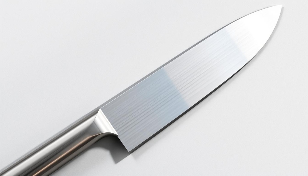 A highly detailed, stainless steel 8-inch chef's knife resting on a light gray background. The knife has a sleek, mirror-like finish and a sharp, precision-ground edge. The blade tapers to a fine point, with a full-tang construction for balance and heft. Subtle reflections of the environment are visible on the blade's surface, conveying a sense of quality craftsmanship. The knife is lit from the side, casting dramatic shadows and highlighting the knife's form and contours. The overall composition emphasizes the key features that make this an essential tool for the home chef: durability, sharpness, and a well-balanced design.