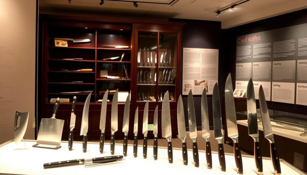 A historical progression of iconic chef knives, displayed in a stylish museum-like setting. In the foreground, a well-lit display showcases a diverse array of blades, from the sturdy cleaver to the sleek Santoku, their forms and materials accentuating the evolution of culinary tools. The middle ground features an elegant wooden display case, its shelves housing antique and vintage knives, each with a unique story. In the background, a dimly lit wall displays informative panels detailing the rich history and cultural significance of these essential kitchen implements, creating an immersive and educational experience for the viewer.