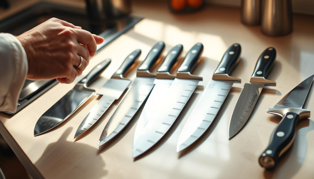 A kitchen counter in natural lighting, with a variety of chef knives neatly arranged. A person's hand is carefully examining the blades, considering the weight, balance, and grip of each knife. The scene has a warm, inviting atmosphere, with subtle reflections on the stainless steel surfaces. The knives are presented in a way that highlights their craftsmanship and the important decision-making process of choosing the right tool for the task at hand.