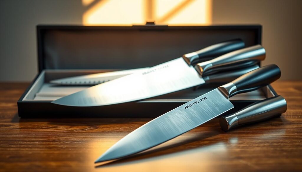 A meticulously arranged set of high-quality chef knives resting on a polished wooden surface, illuminated by warm, natural lighting. The knives, crafted from gleaming stainless steel, feature ergonomic handles and sharp, precision-ground blades. In the foreground, the knives are displayed in an elegant, minimalist case, allowing the viewer to appreciate their sleek, professional design. The background showcases a clean, uncluttered space, emphasizing the focus on the exceptional craftsmanship of the culinary tools. The overall composition exudes a sense of quality, elegance, and the confidence that these knives are the pinnacle of culinary excellence, ready to empower the discerning home chef.